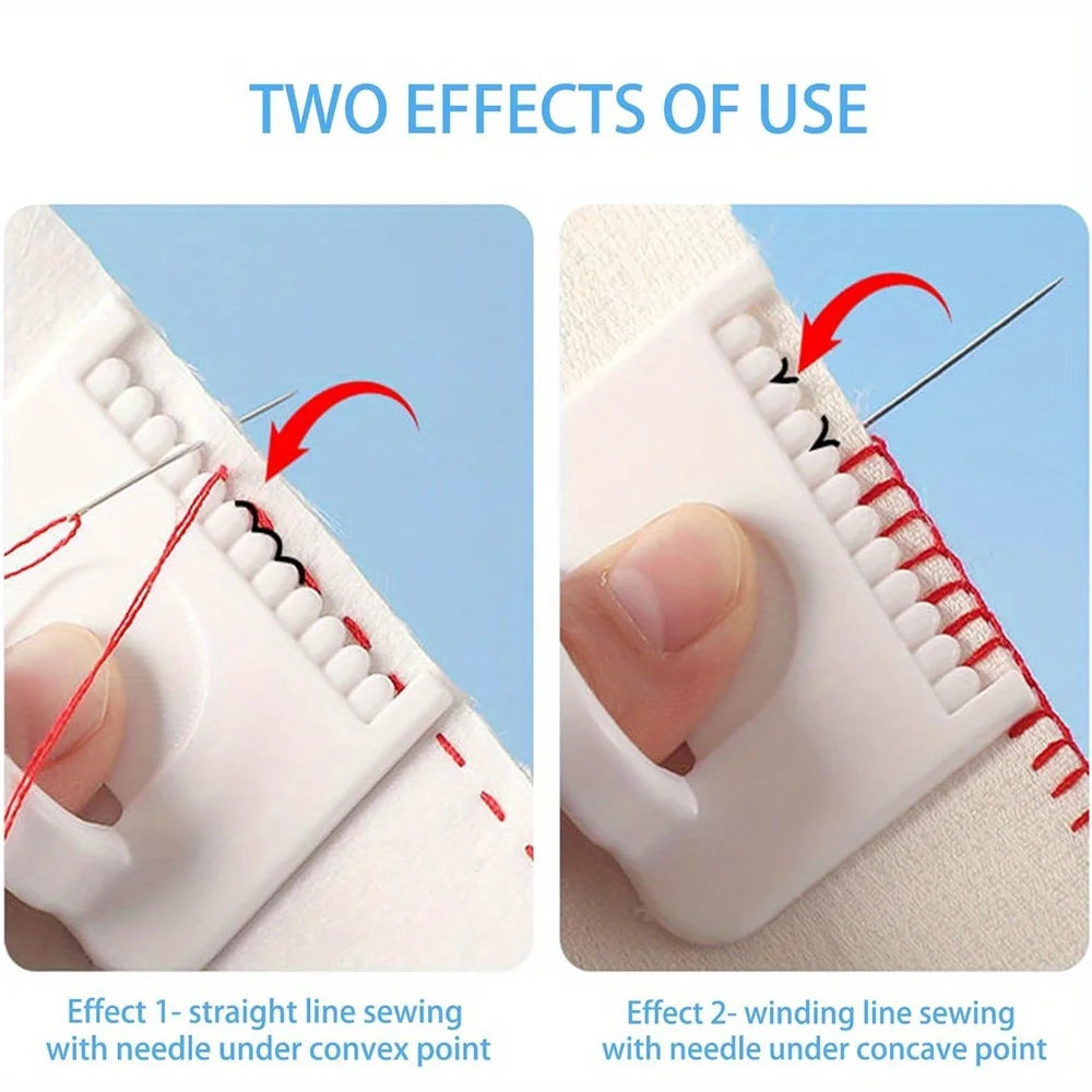 Two effects of use showing straight line sewing with a needle under a convex point and winding line sewing with a needle unde