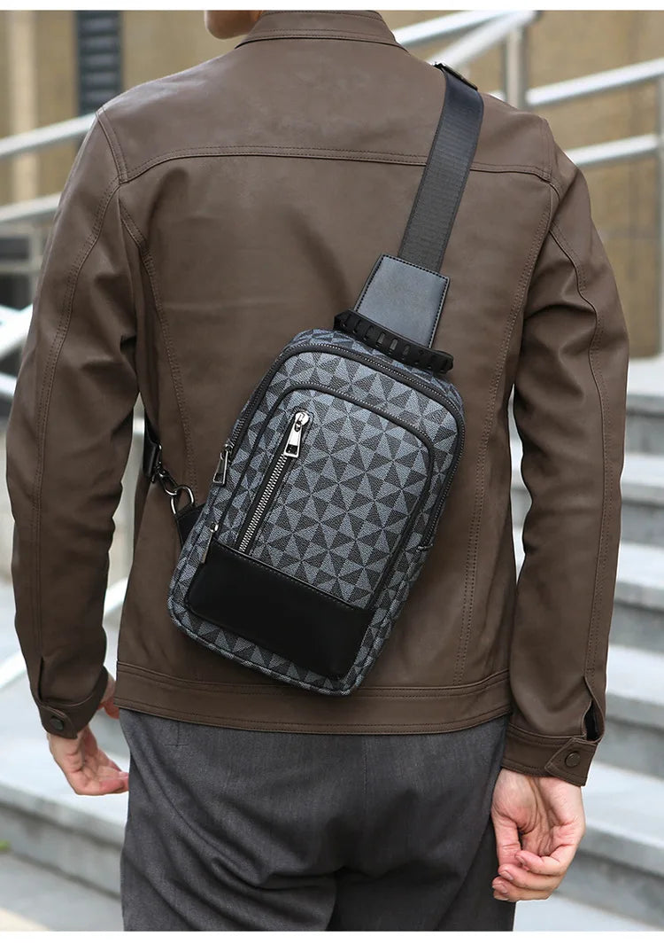 Men's Waterproof PU Leather Crossbody Bag with Geometric Pattern