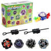 Metal Assemble Gyro spinning top battle set with various colored tops and launchers