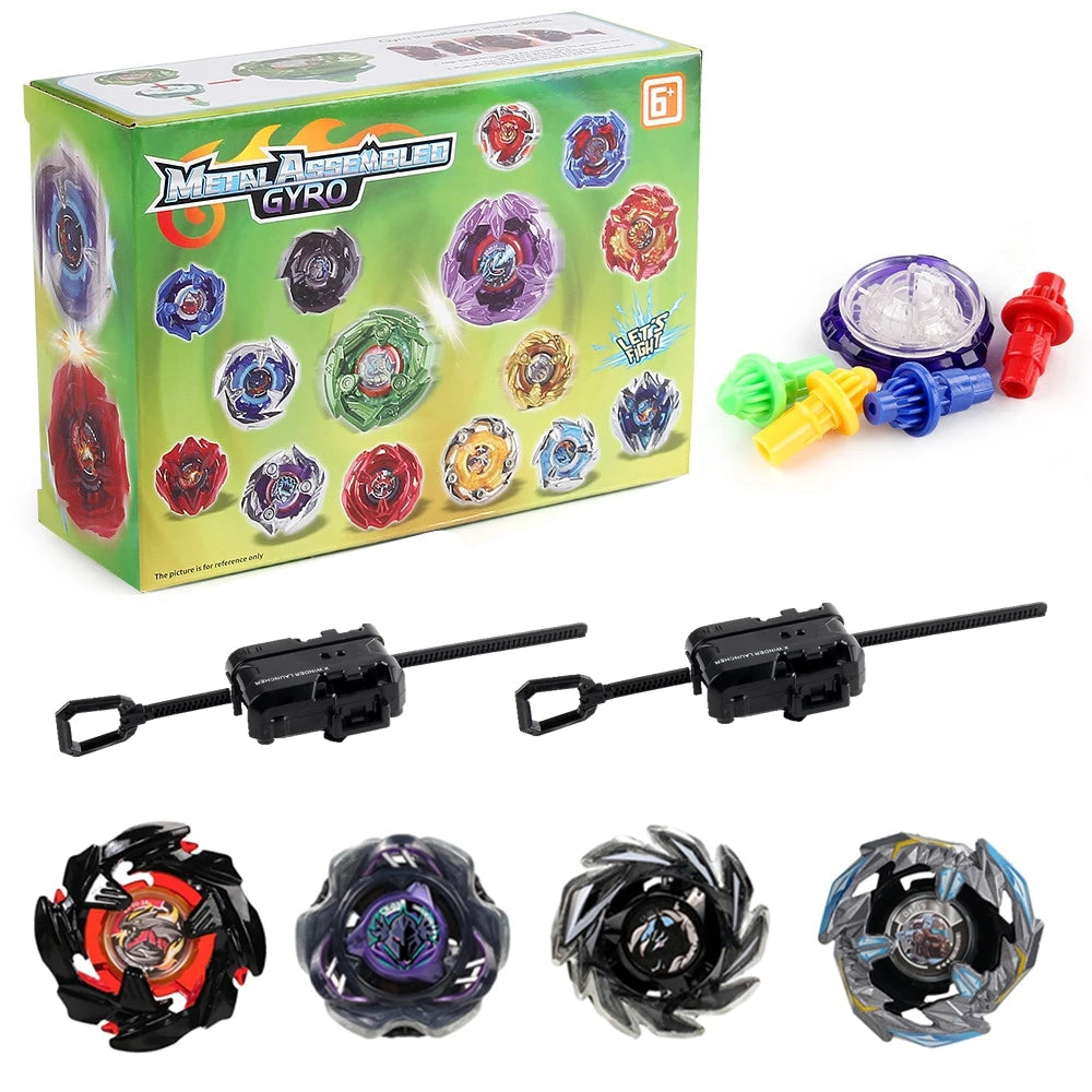Metal Assemble Gyro spinning top battle set with various colored tops and launchers