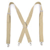 Pair of beige suspenders with metal clips in an X-back design