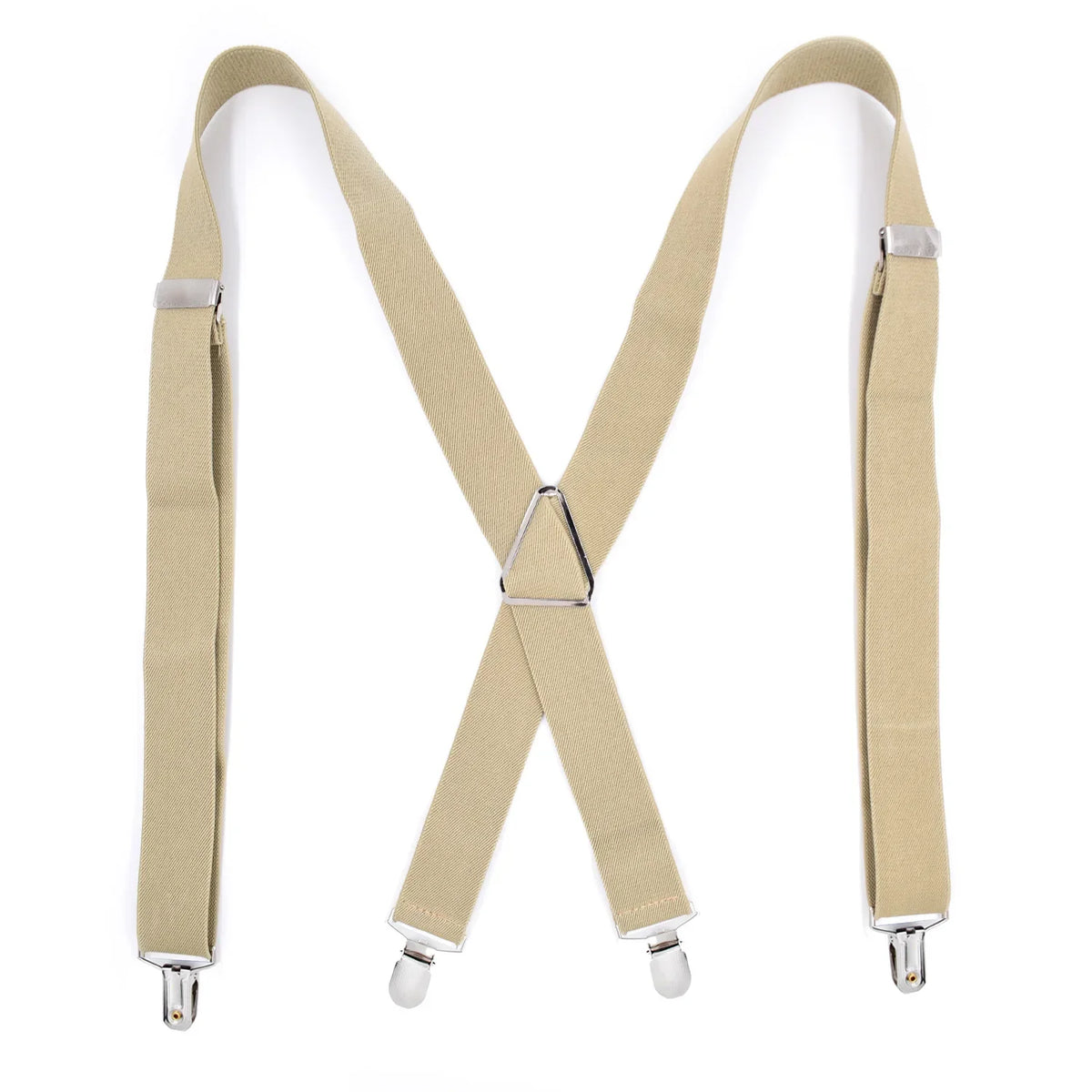 Pair of beige suspenders with metal clips in an X-back design