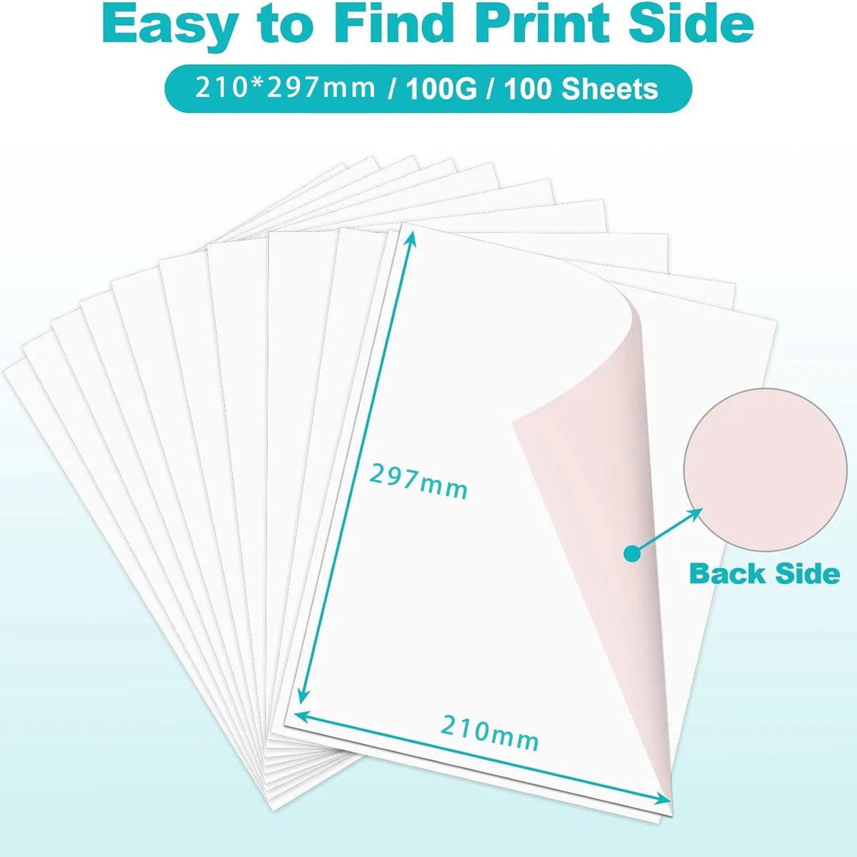 A stack of white A4 print side paper sheets showing the dimensions 210mm by 297mm.