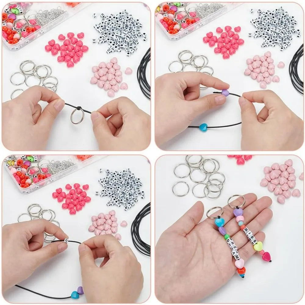 Complete Acrylic Bead Keychain Making Kit with Heart Beads & Rings