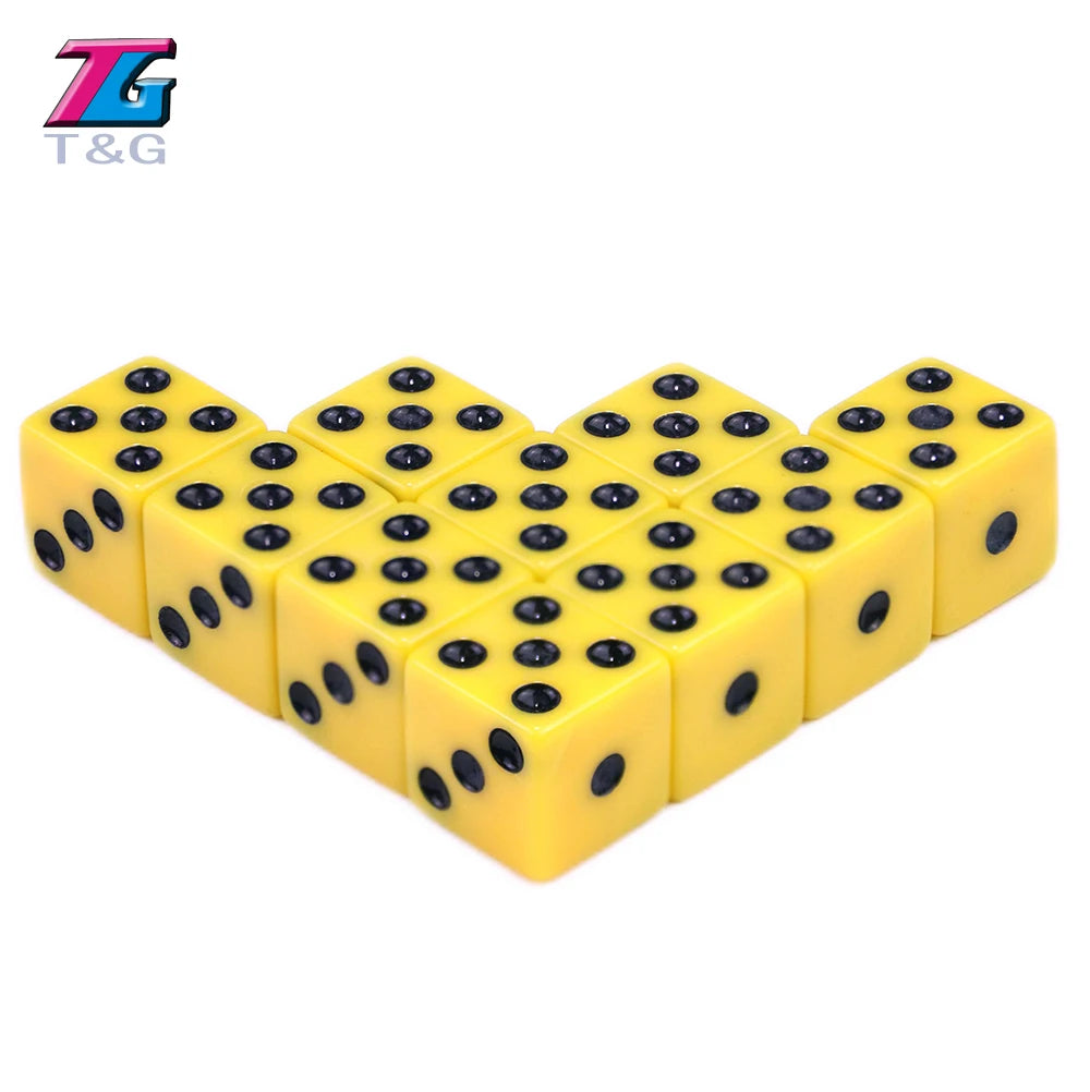 A set of ten yellow plastic game dice with black dots, arranged in a cluster.