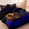 A dark duvet cover featuring a realistic wolf head and blue roses print.