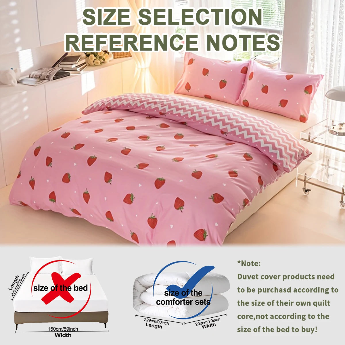 Pink strawberry print duvet cover set displayed on a bed with size reference notes.