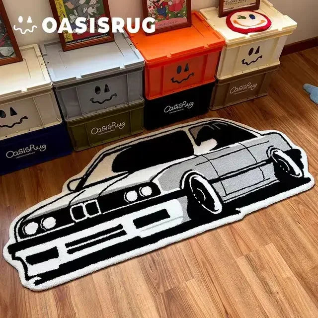 A black and white cartoon print plush carpet featuring a car design on a wooden floor.