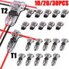 A collection of T1 and T2 solderless wire connectors in various sizes and quantities.