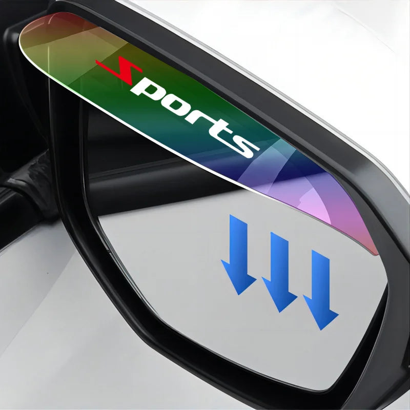 A close-up of a flexible sports rain guard for a car side mirror, featuring a multicolored design and blue arrows.