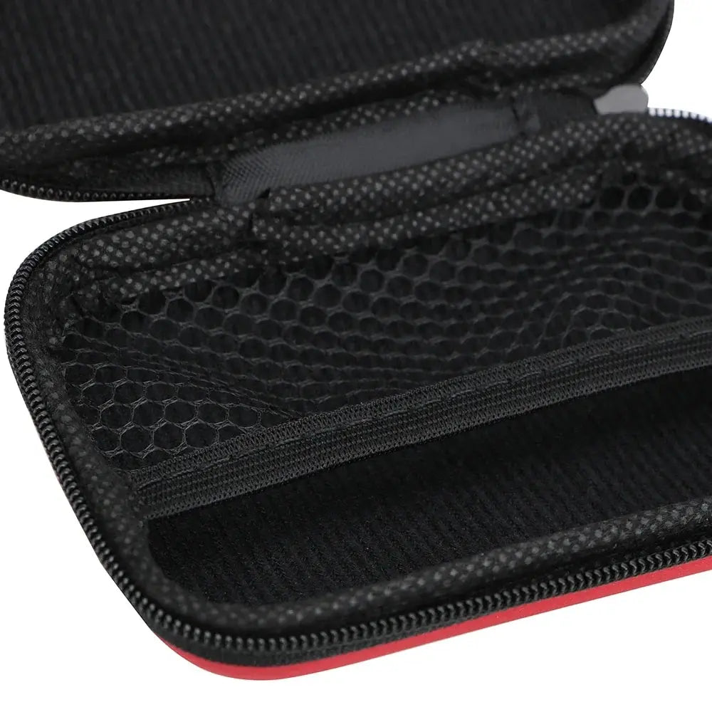 Black portable electronics organizer pouch with a mesh interior and red trim.