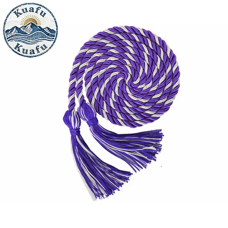 Purple and white graduation honor cords with double fringe tassels for ceremonies and crafts