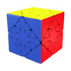 A brightly colored cube puzzle divided into yellow and blue sections, with a red section visible on the side.