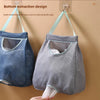 Wall-mounted garbage bag holder with hooks showing two mesh bags for easy access to internal plastic bags