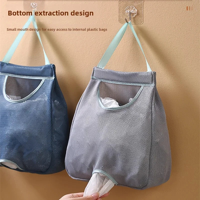 Wall-mounted garbage bag holder with hooks showing two mesh bags for easy access to internal plastic bags