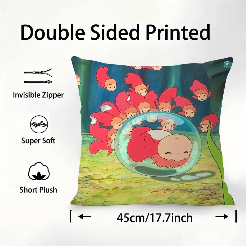 Double sided printed pillow featuring a cartoon character design on a green background