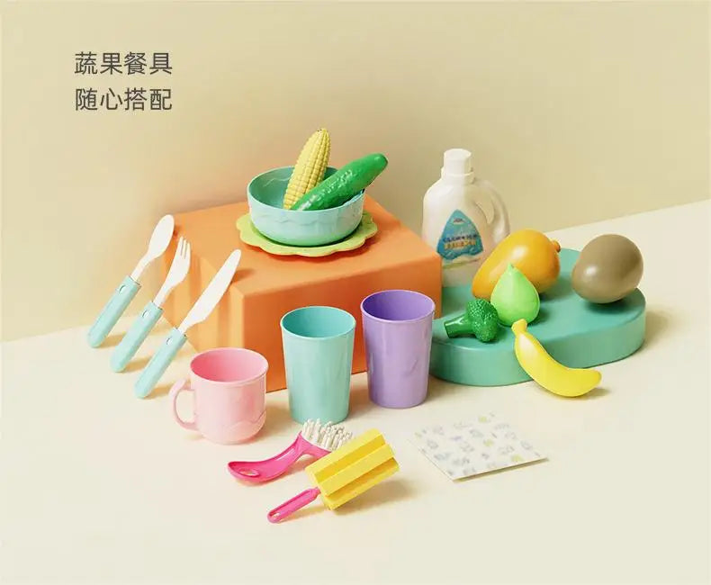A set of colorful kitchen tools and produce, including a yellow corn cob, green peppers, and various plastic utensils, arrang