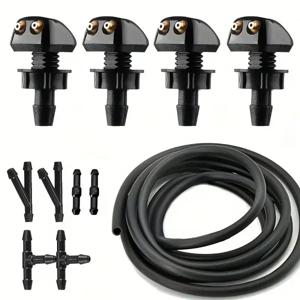 A set of four black windshield washer hose connectors and a coiled black hose.