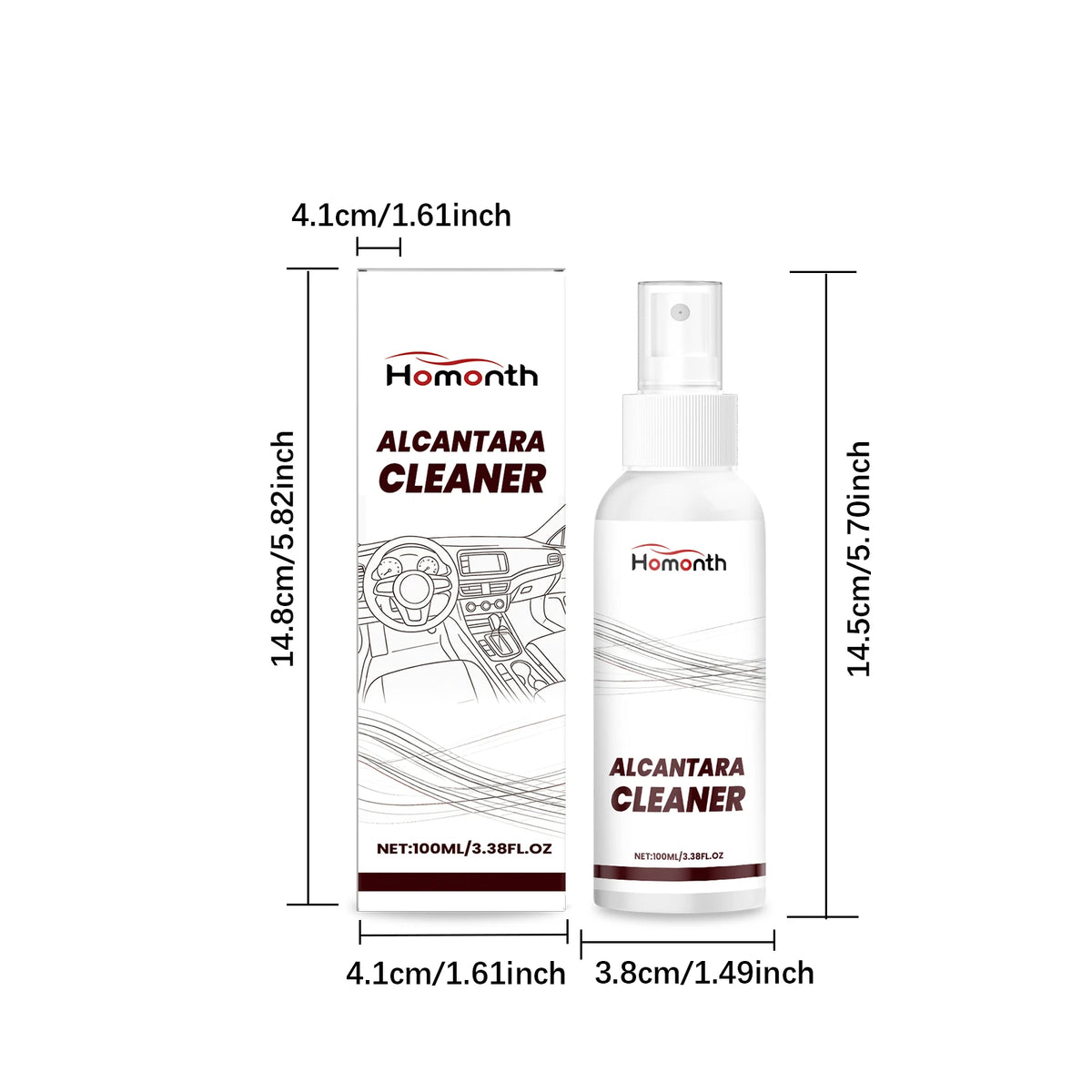A bottle of Alcantara Cleaner for car interior, showing its size and label.