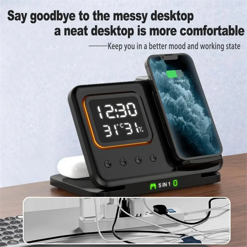Base de carga inalámbrica plegable 5 en 1 con pantalla LED