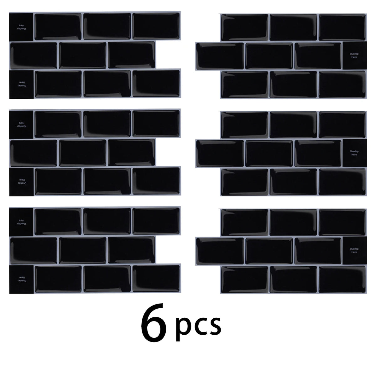 A set of six black 3D waterproof peel-and-stick kitchen wall tiles arranged in a grid.
