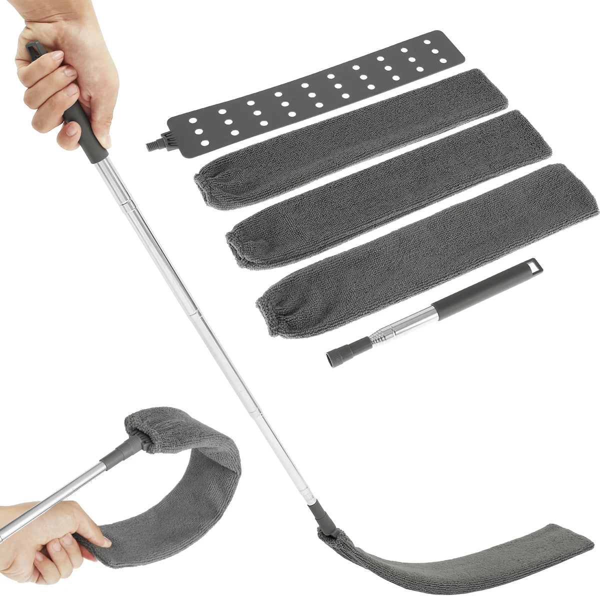 A hand is shown using a retractable microfiber gap cleaning duster with a flexible head to clean a surface.