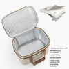 A silver insulated lunch bag with a brown trim, showing the interior and an unfolded waterproof Oxford cloth lining.