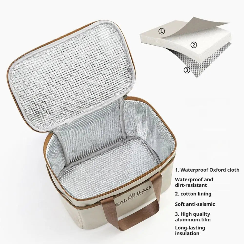 A silver insulated lunch bag with a brown trim, showing the interior and an unfolded waterproof Oxford cloth lining.