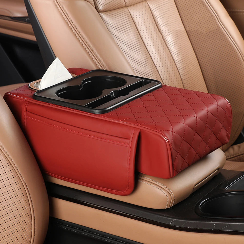 Multifunctional Car Armrest Cushion with Storage and Cup Holder