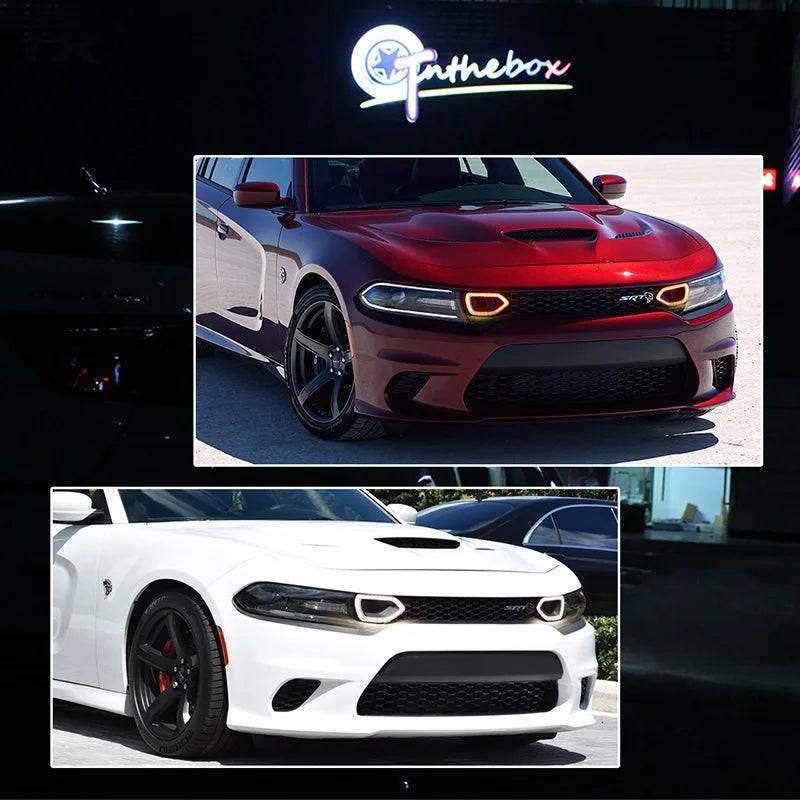 Two red and white Dodge Chargers with aftermarket LED front grille lights displayed side by side.