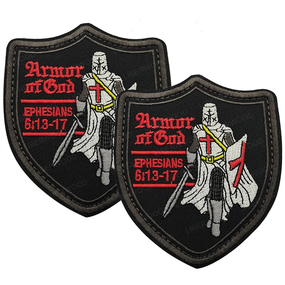 Two embroidered patches depicting a crusader knight in armor with the text Ephesians 6:13-17 on a black background