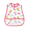 White baby feeding bib with pink trim featuring fruit designs and a catch pocket