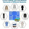 A plastic clothes folding board showing various garments like sweaters, dresses, pants, shirts, and towels.
