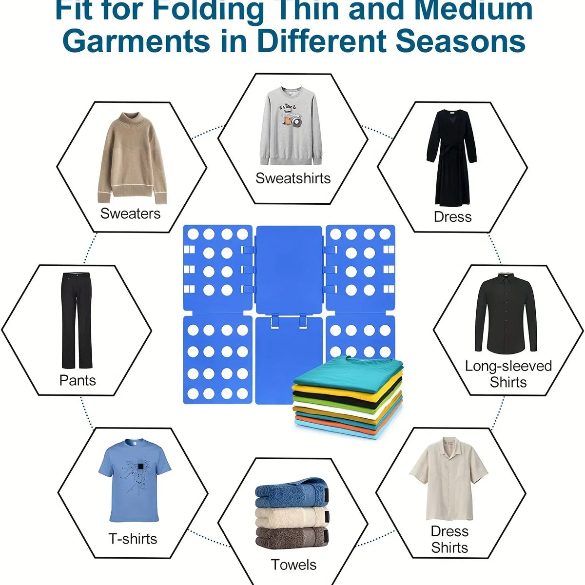 A plastic clothes folding board showing various garments like sweaters, dresses, pants, shirts, and towels.