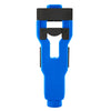 Blue door latch mortise installation kit with a black guide and chisel tool.