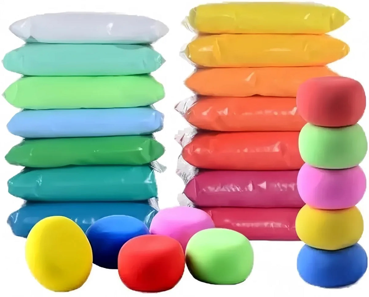 A collection of colorful air dry clay modeling tools and shapes for kids.