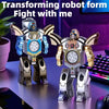 A transforming robot fidget toy in silver and blue colors is shown on a dark surface.