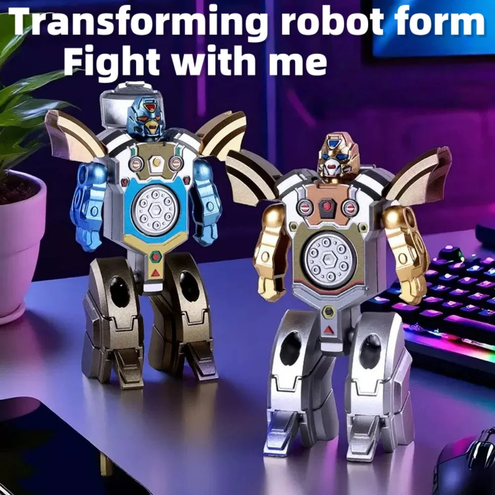 A transforming robot fidget toy in silver and blue colors is shown on a dark surface.