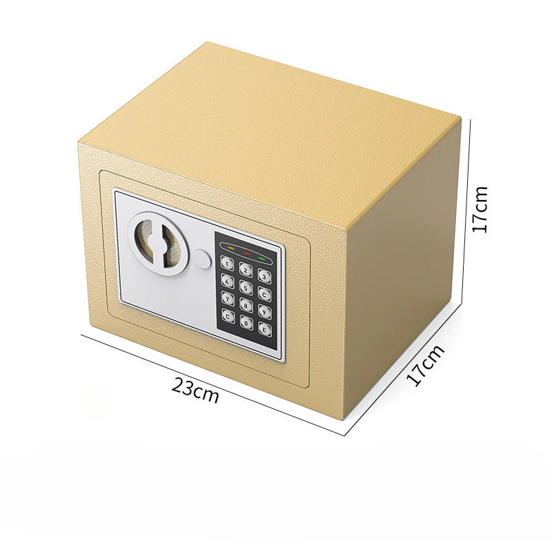 Boîte de sécurité numérique beige avec clavier et trou de serrure circulaire, vue de côté.