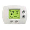 A white digital thermostat with a green display showing 72 degrees and temperature settings.