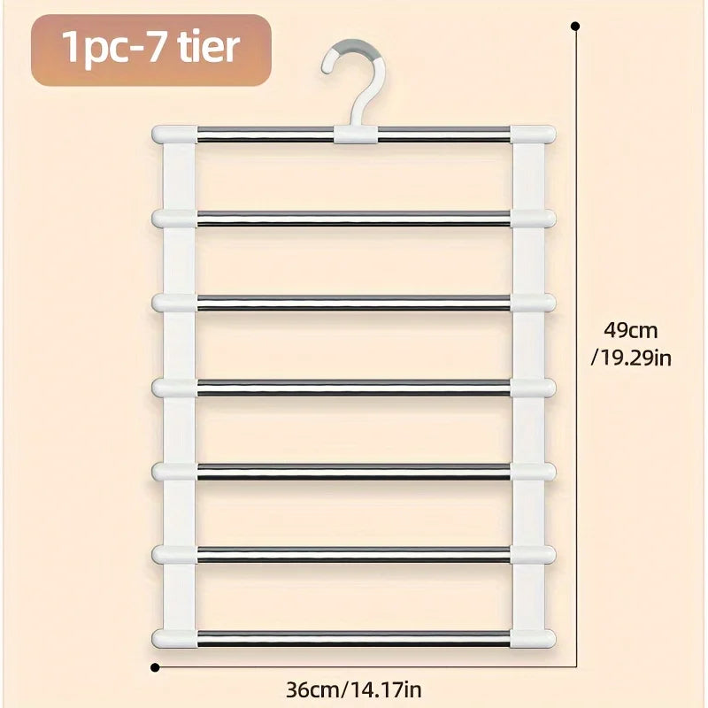 A white multi-tier pants rack with seven hanging bars is shown against a light background.