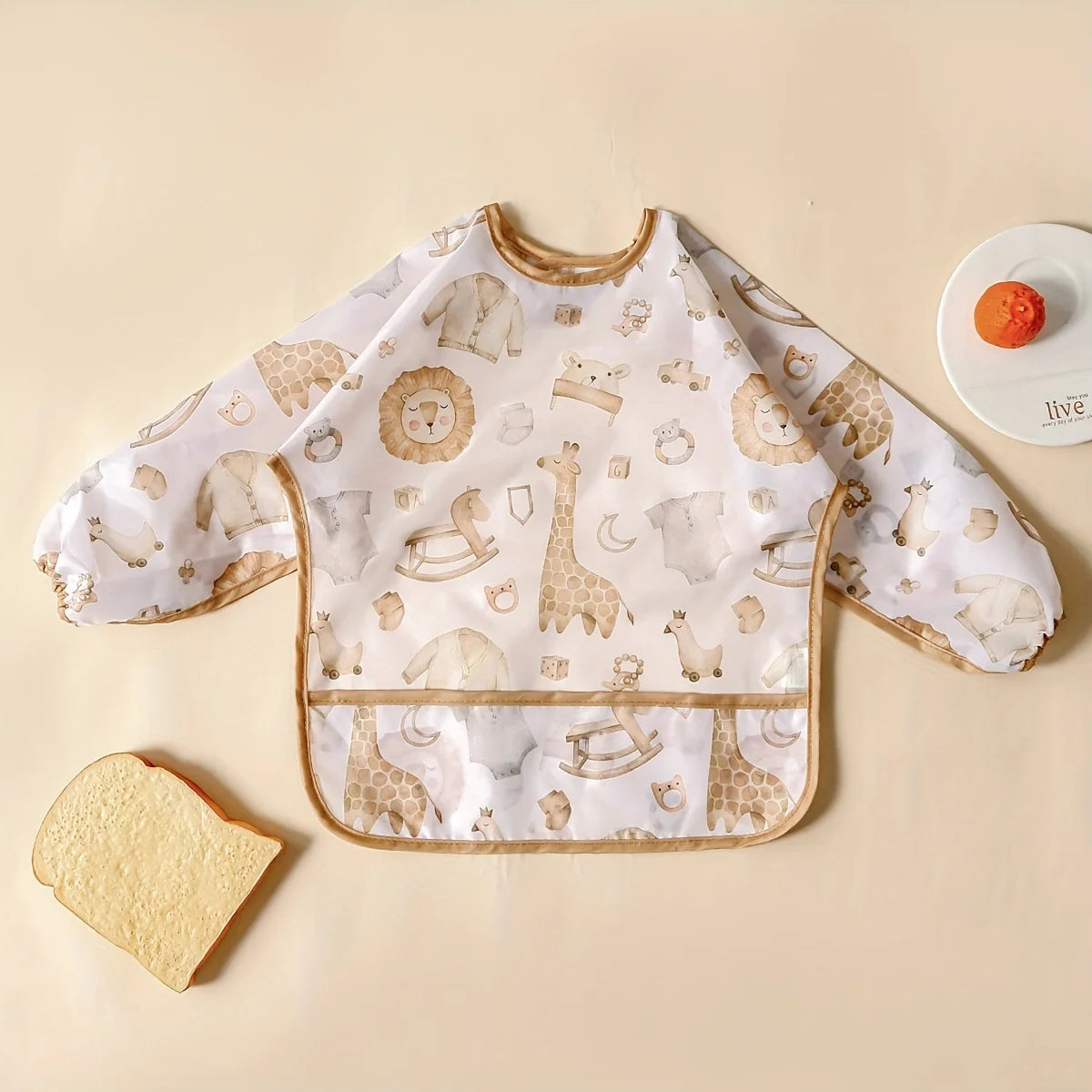 Waterproof Long-Sleeve Baby Bib with Catch-All Pocket