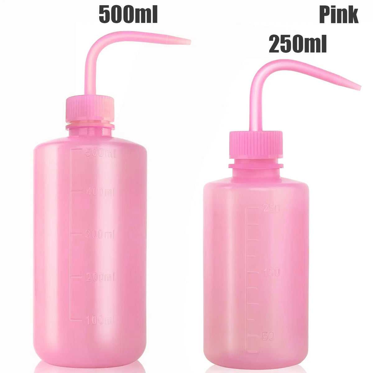 Pink tattoo squeeze bottles with precision tips in 500ml and 250ml sizes