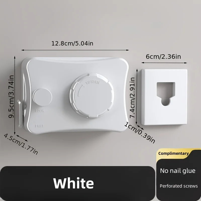 White retractable stainless steel clothesline with mounting bracket and separate square piece for drying clothes
