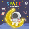 A set of luminous astronaut and moon building blocks for space travel featuring an LED light.