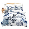 A set of sea turtle patterned duvet covers and pillowcases with a white background.