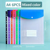 A pack of six transparent A4 binder pockets in mixed colors, including blue and pink.