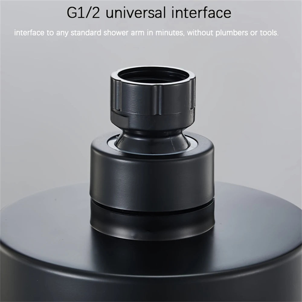A matte black G1/2 universal interface adapter for connecting to a standard shower arm.