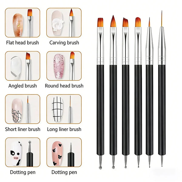 Set professioneller Nägel-Art-Pinsel mit flachem, geschnitztem, winkeligem, runden Kopf, kurzen und langen Linern