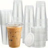 A stack of clear plastic cups with lids and a single cup filled with iced coffee or bubble tea.